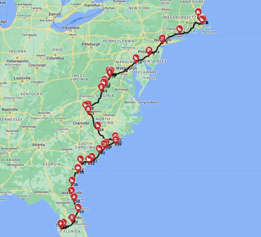 Map for Boston to Tampa - The Ultimate East Coast Adventure